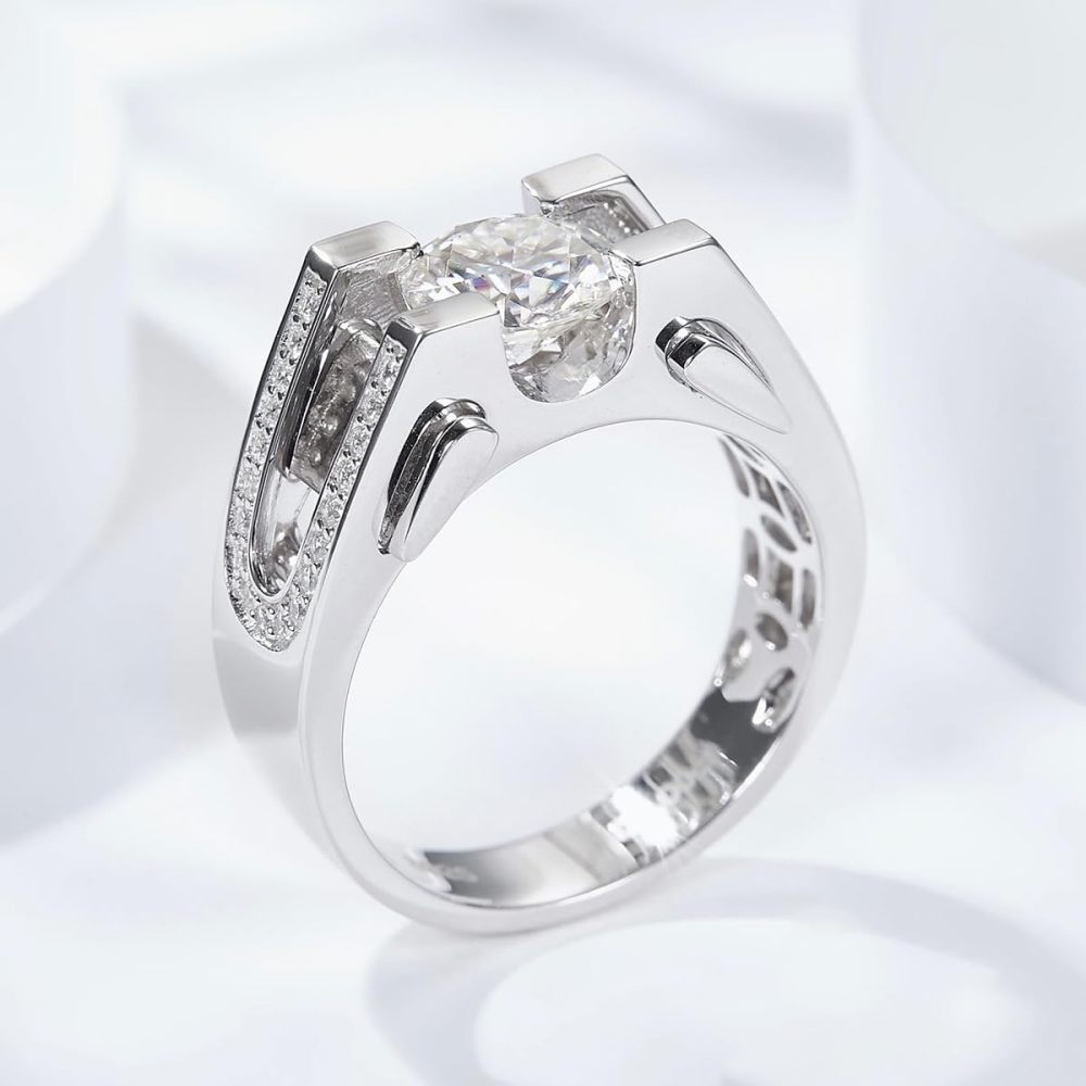 Anel de noivado Moissanite em ouro branco 9K em forma circular para homem-4