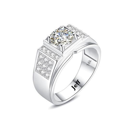 Bague de fiançailles de couple en or blanc 10 carats avec gravure personnalisée en moissanite de forme circulaire pour hommes