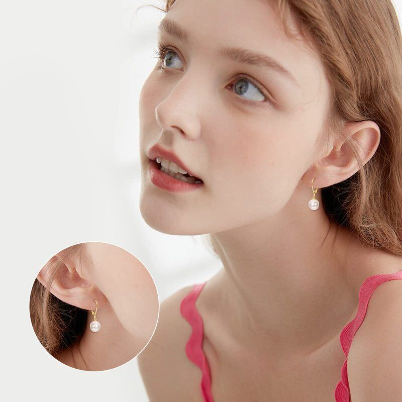 10K White Gold Round Cut Pearl Spherical Drop Earrings-2