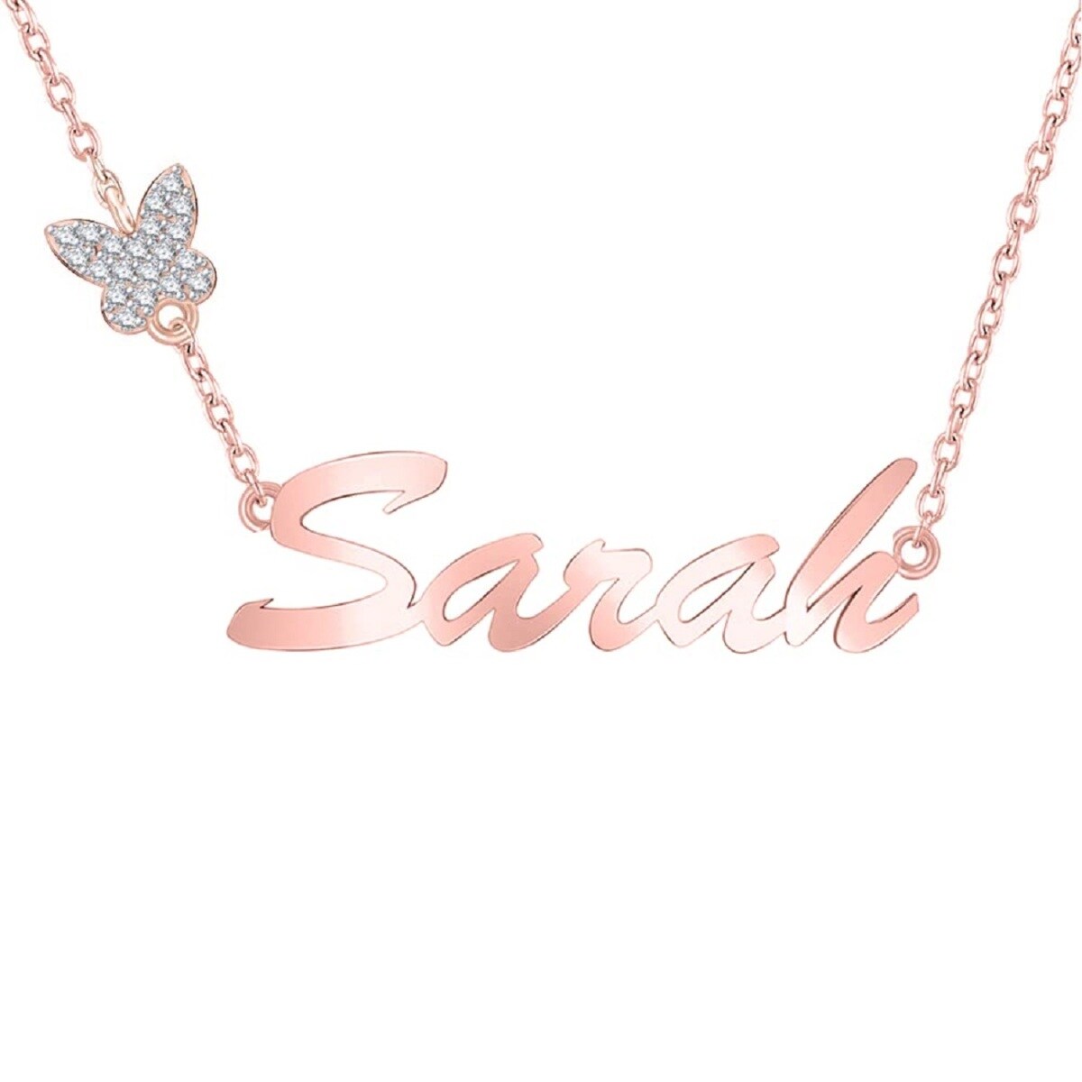 14K White Gold Circular Shaped Zircon & Personalized Classic Name Butterfly Pendant Necklace-4