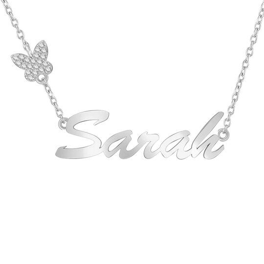 10K White Gold Circular Shaped Zircon & Personalized Classic Name Butterfly Pendant Necklace