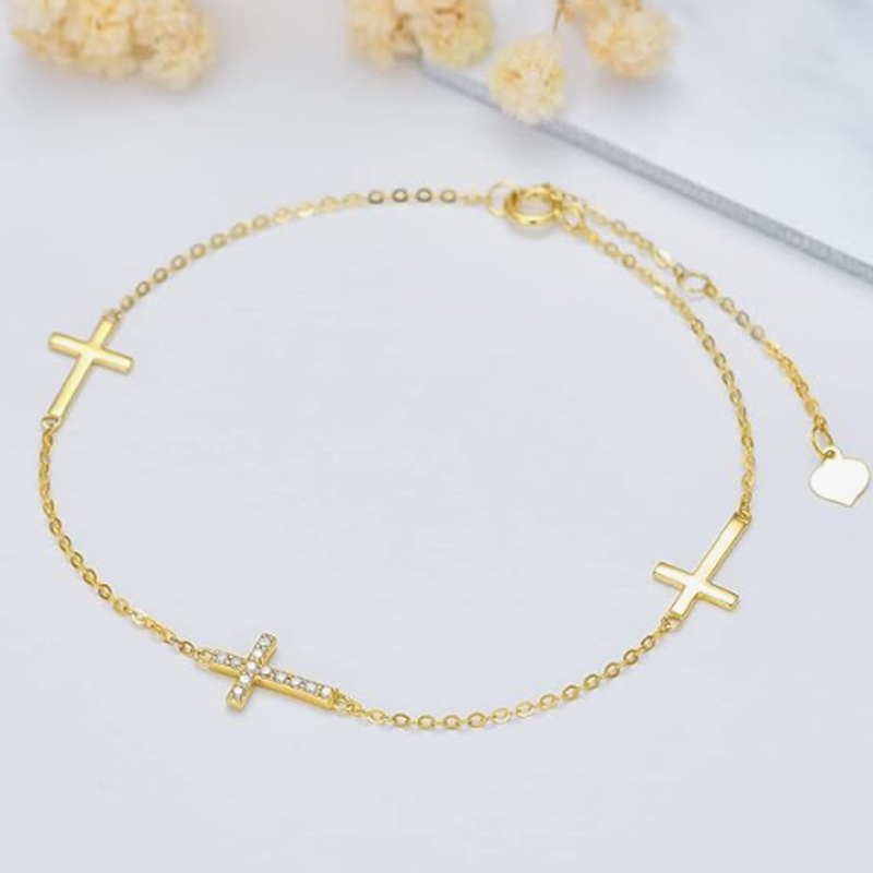 10K Gold Cubic Zirconia Cross Bracelet for Women-3