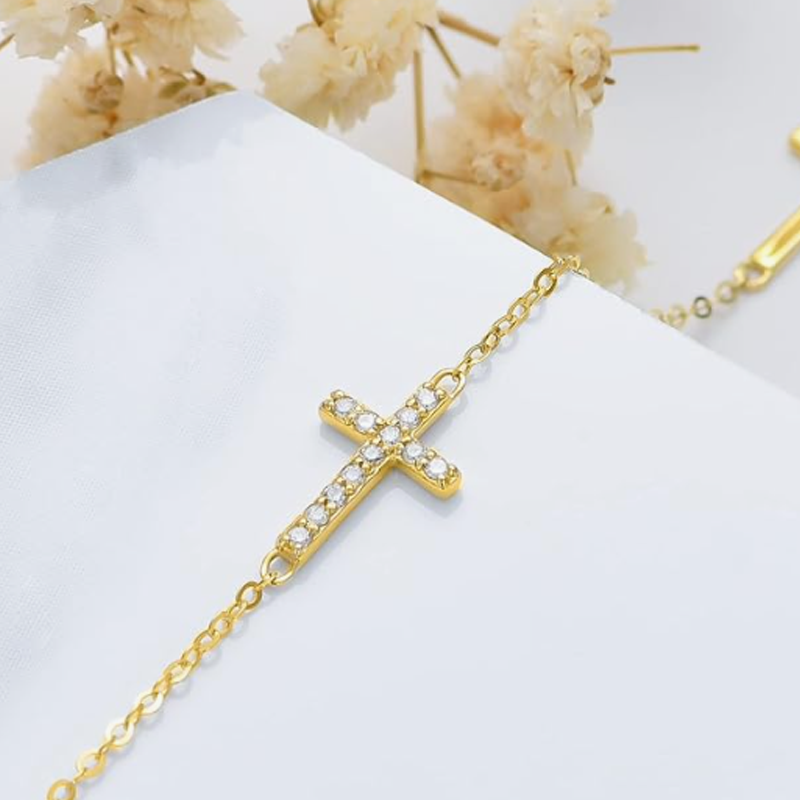 10K Gold Cubic Zirconia Cross Bracelet for Women-4