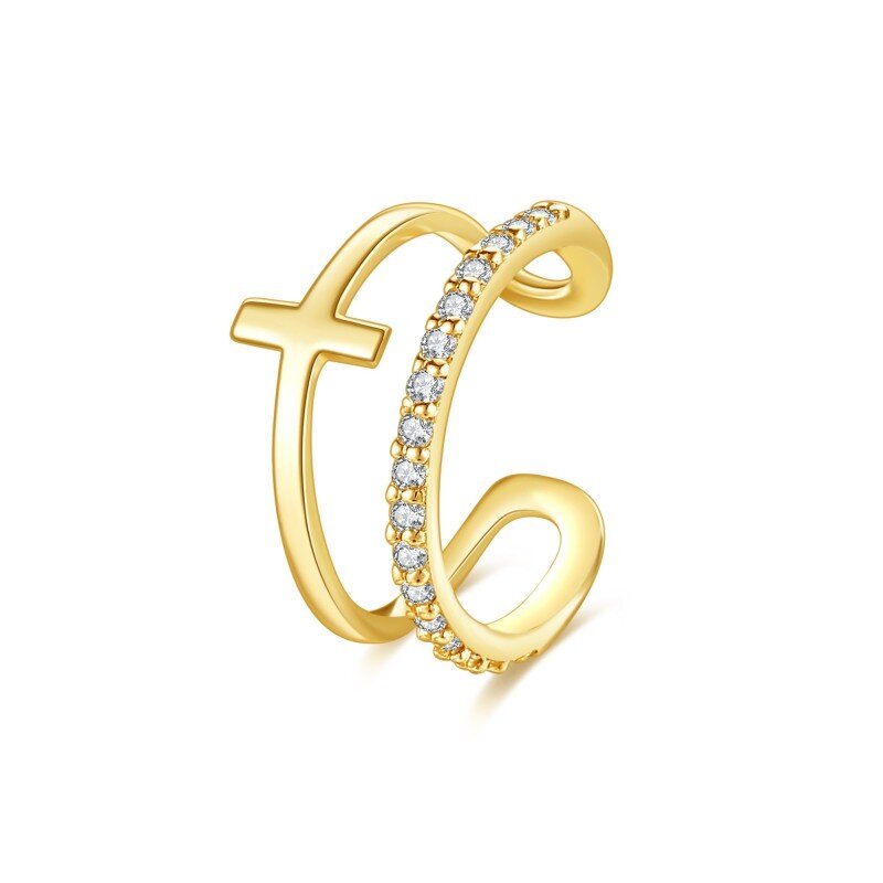 10K Gold Cubic Zirconia Cross Cuff Earrings-49