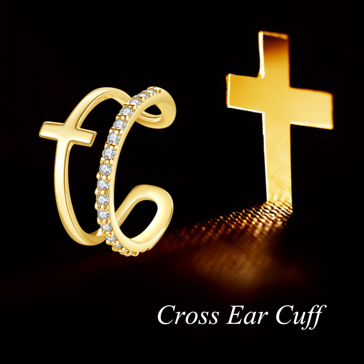 10K Gold Cubic Zirconia Cross Cuff Earrings-6