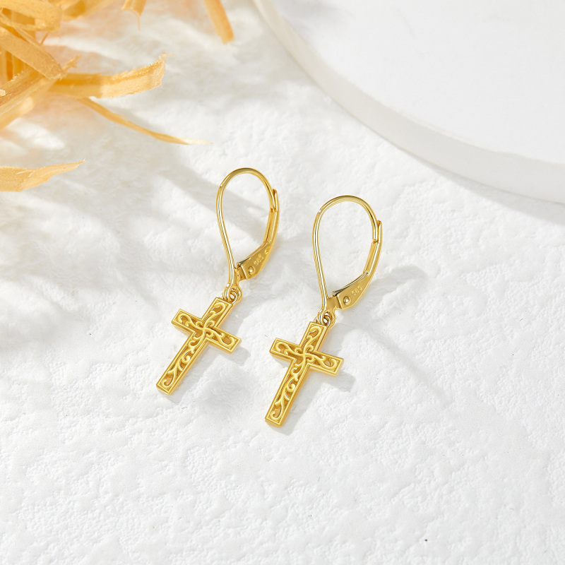 18K Gold Cross Drop Earrings-4