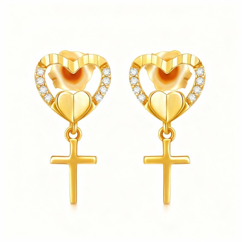 أقراط من الذهب عيار 18 قيراطًا مرصعة بالزركونيا المكعبة على شكل صليب وقلب-1