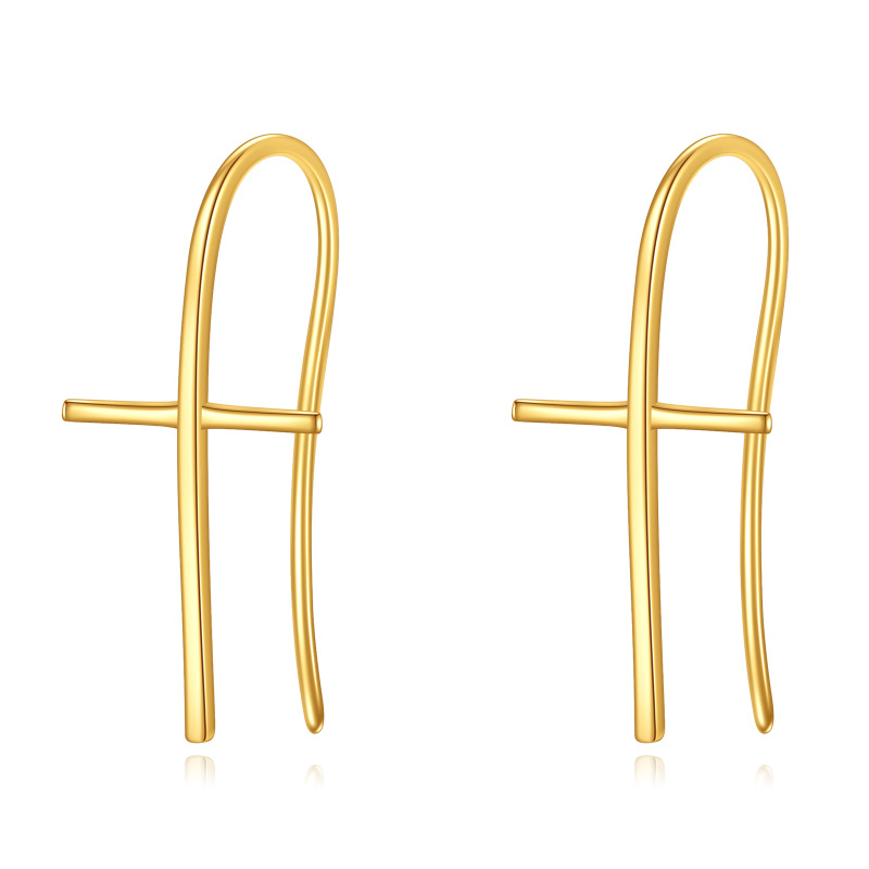 أقراط دائرية من الذهب عيار 10 قيراط على شكل صليب-3