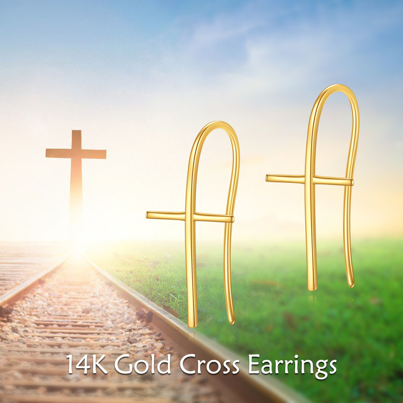 Pendientes de aro con cruz de oro rosa de 10 quilates-6