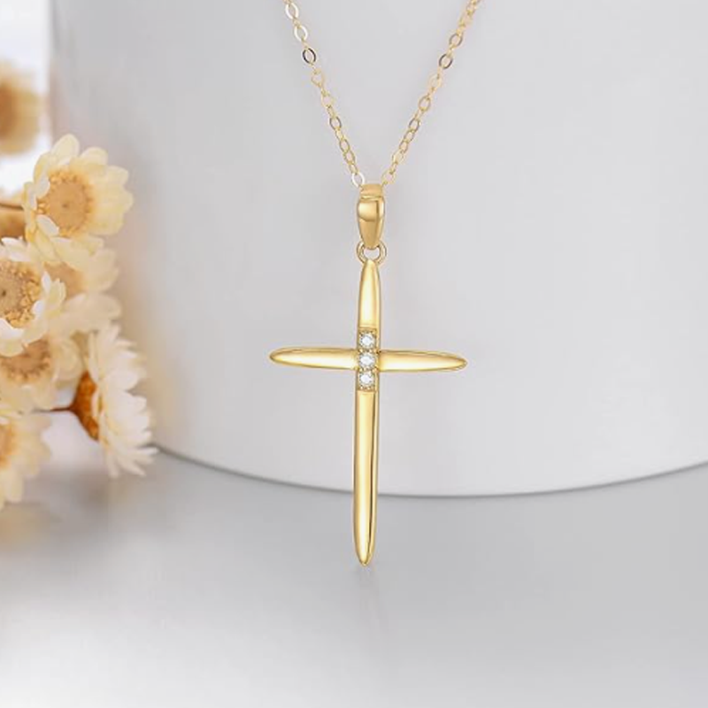 10K Gold Cubic Zirconia Cross Necklace for Women Men-3