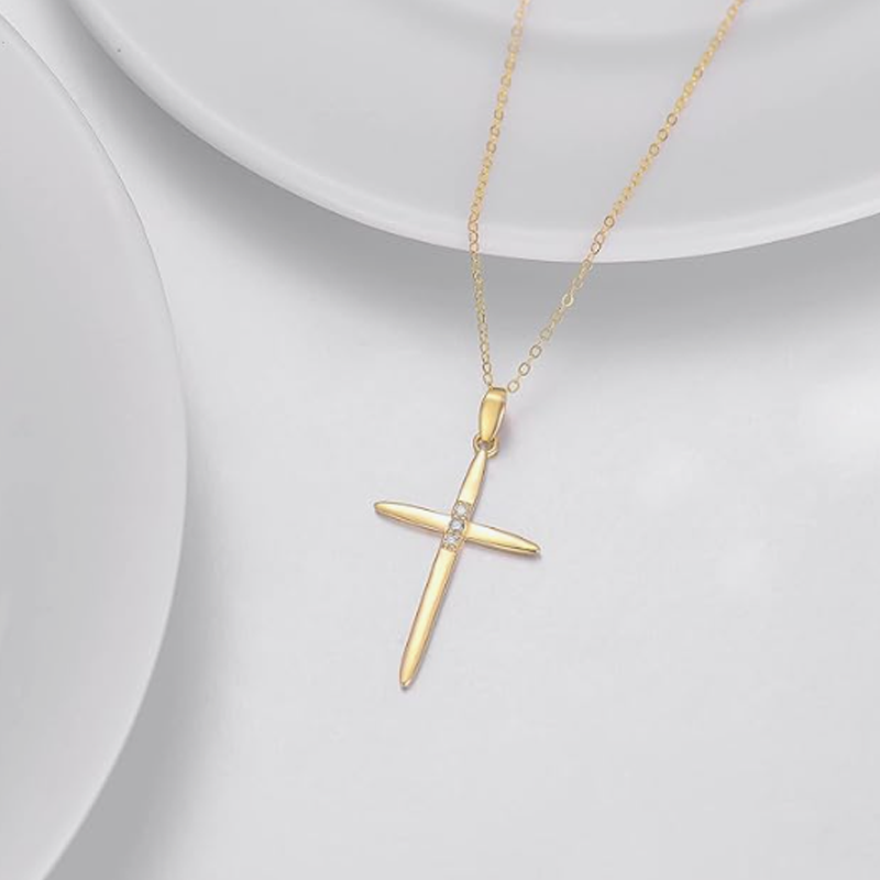 Gold Vermeil Cubic Zirconia Cross Necklace for Women Men-4