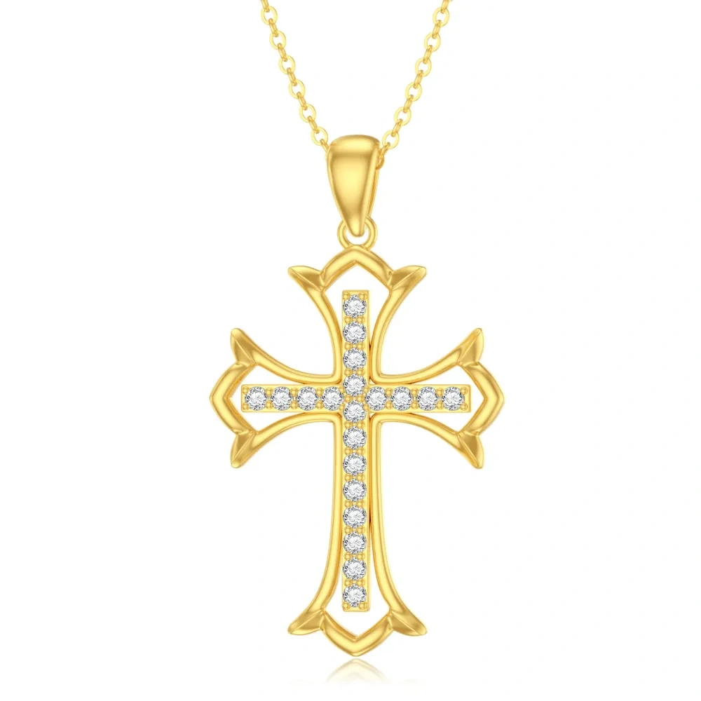 10K Gold Cubic Zirconia Cross Pendant Necklace-1