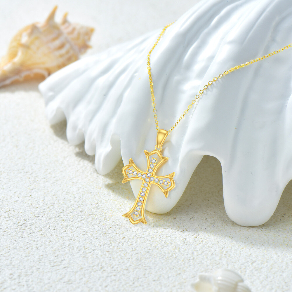 10K Gold Cubic Zirconia Cross Pendant Necklace-3