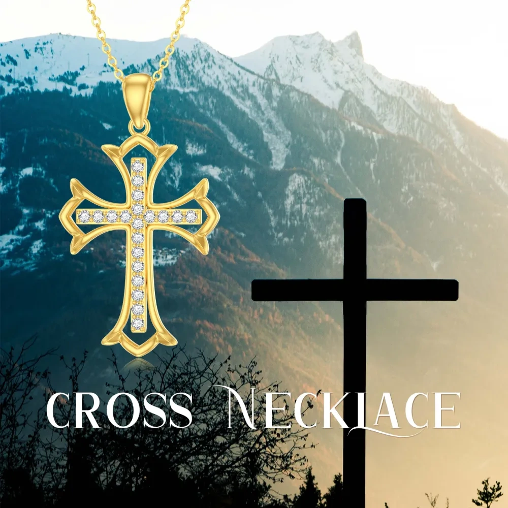 10K Gold Cubic Zirconia Cross Pendant Necklace-6