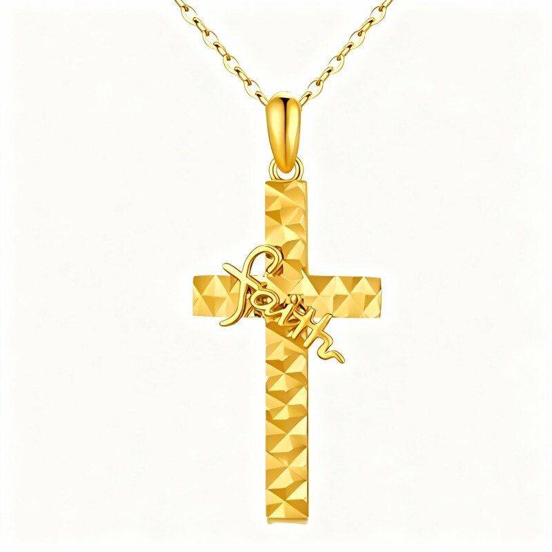 14K Gold Cross Pendant Necklace with Engraved Word-1