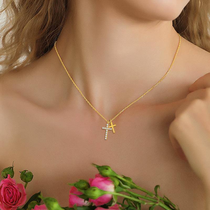 18K Gold Cubic Zirconia Cross Pendant Necklace-2