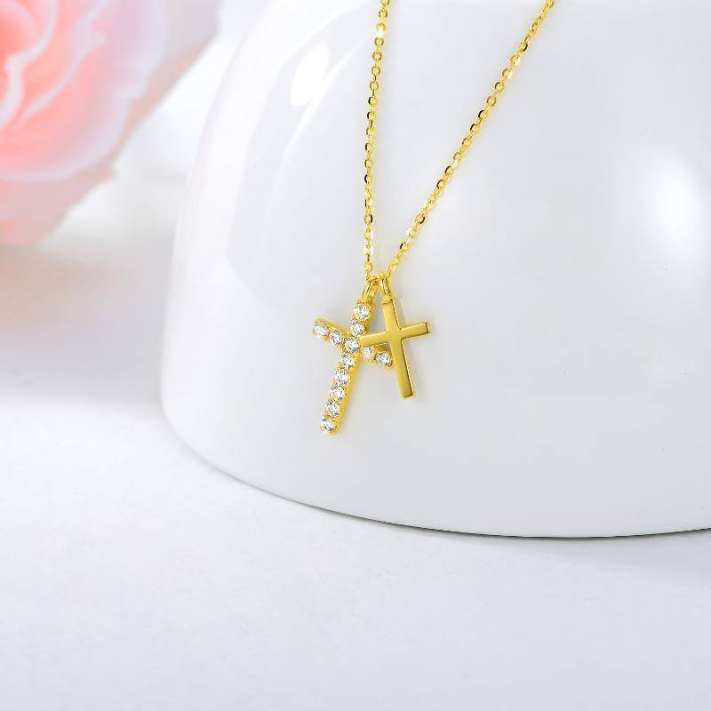 18K Gold Cubic Zirconia Cross Pendant Necklace-4