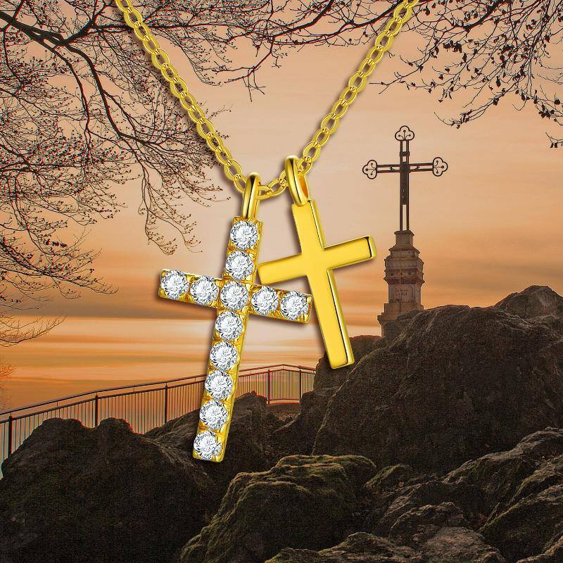 18K Gold Cubic Zirconia Cross Pendant Necklace-6