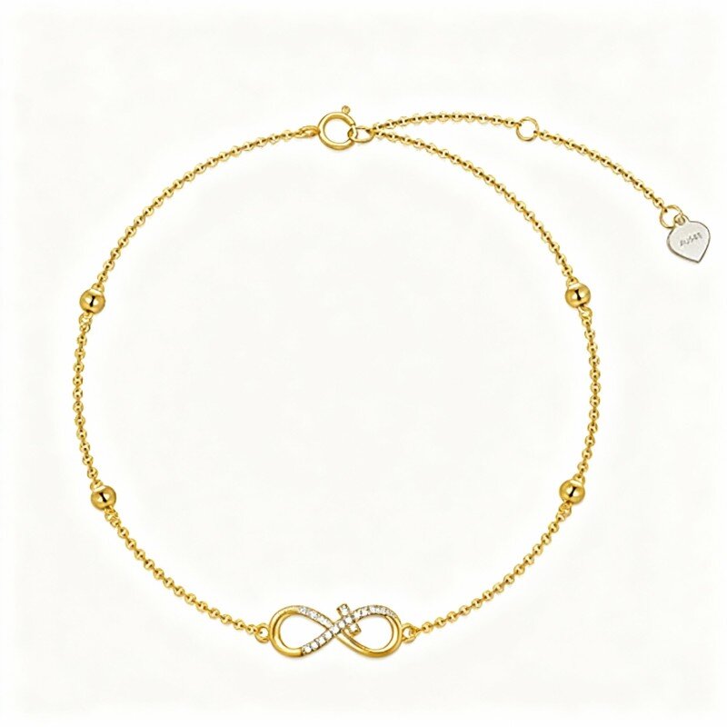 14K Gold Cubic Zirconia Cross Single Layer Charm Anklet-1