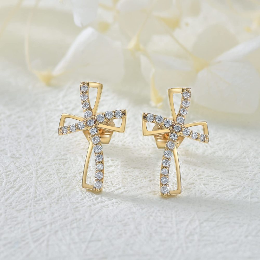 10K Gold Cubic Zirconia Cross Stud Earrings for Men-3