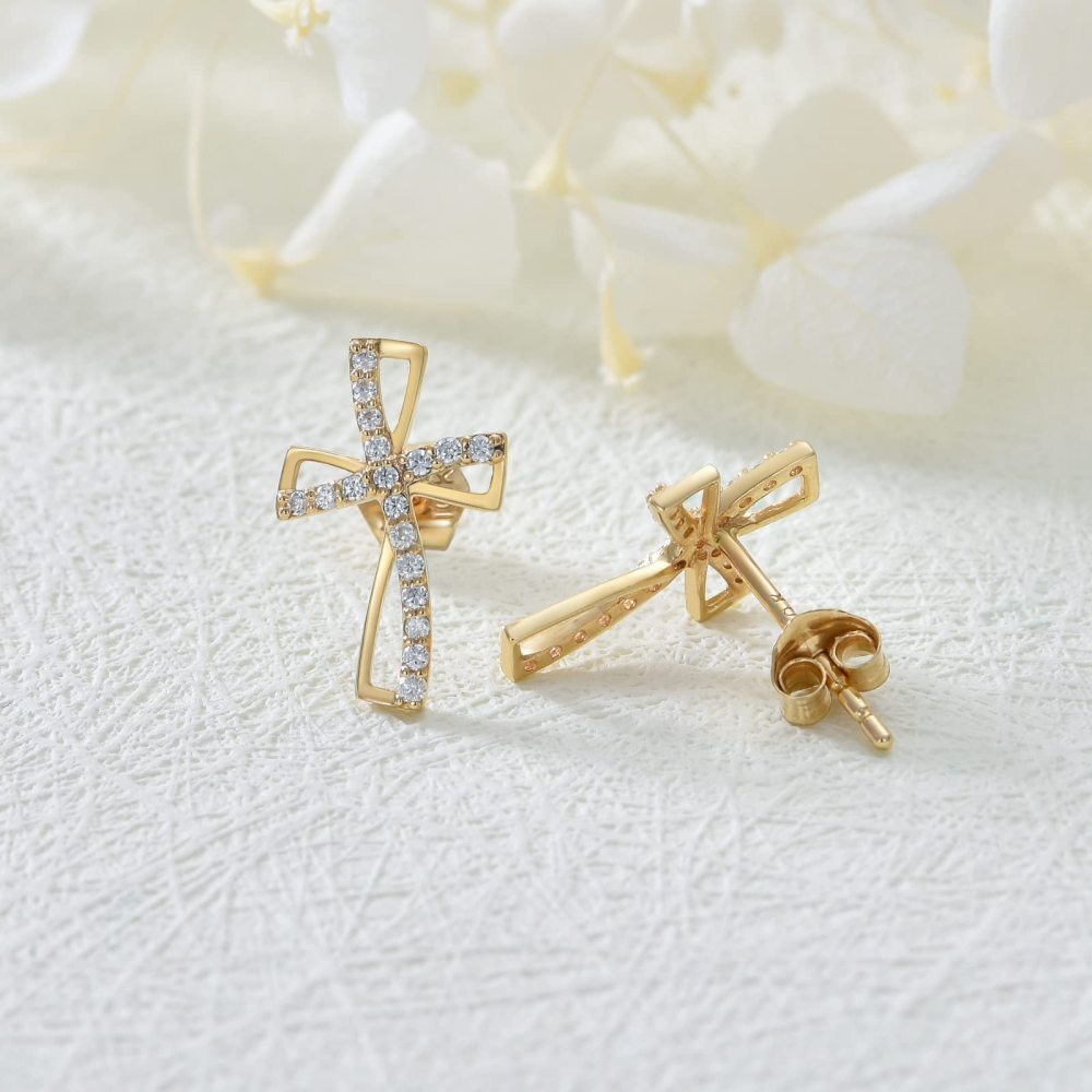 10K Gold Cubic Zirconia Cross Stud Earrings for Men-4
