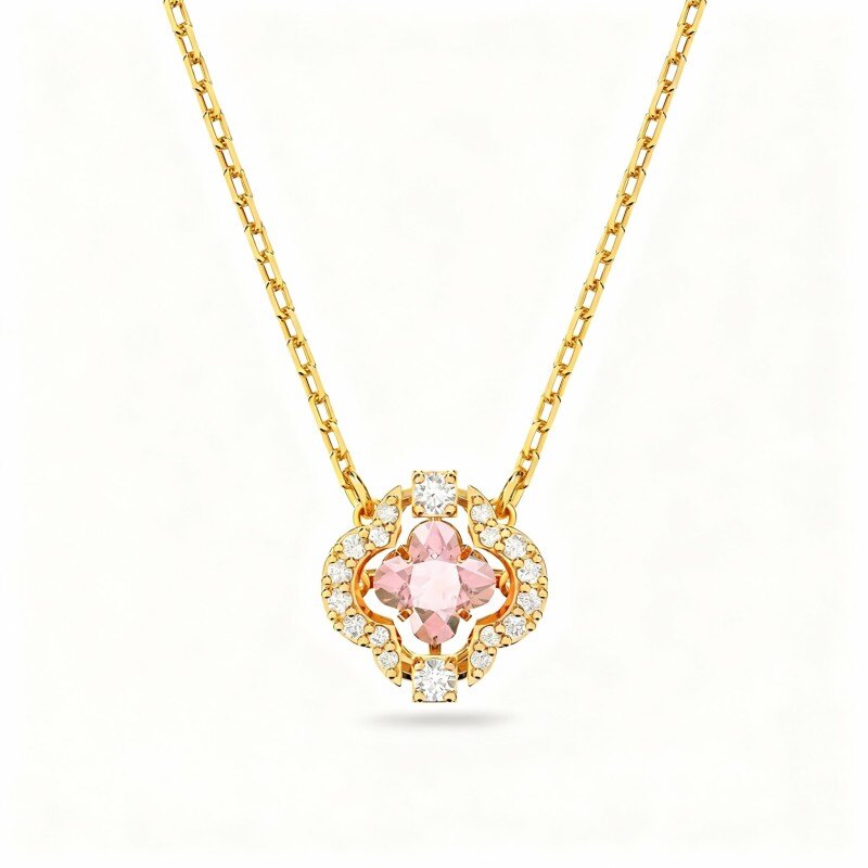 Collier pendentif trèfle à quatre feuilles en or 14 carats, cristal et zircon cubique-1