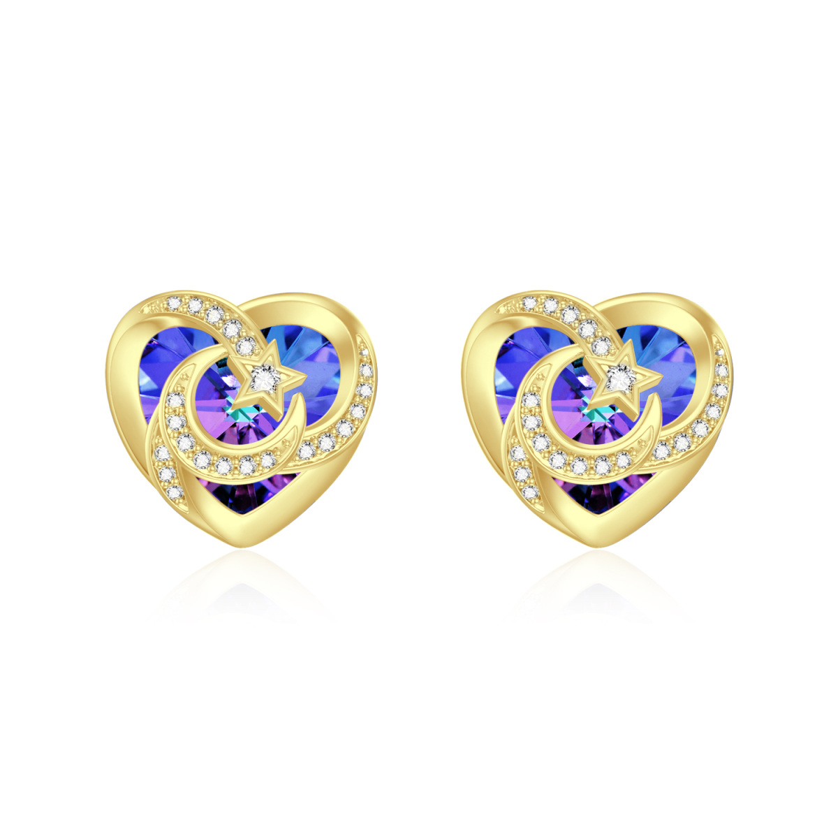 10K Gold Crystal Heart & Moon & Star Stud Earrings for Women-1