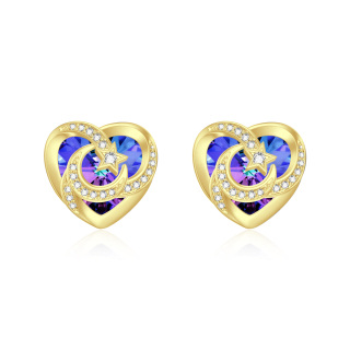 10K Gold Crystal Heart & Moon & Star Stud Earrings for Women-4