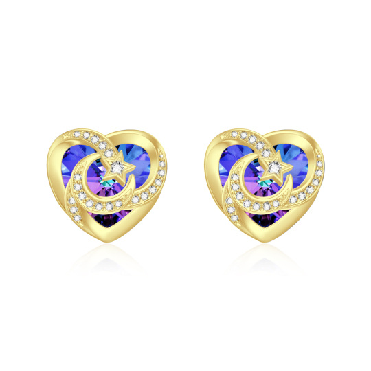 10K Gold Crystal Heart & Moon & Star Stud Earrings for Women