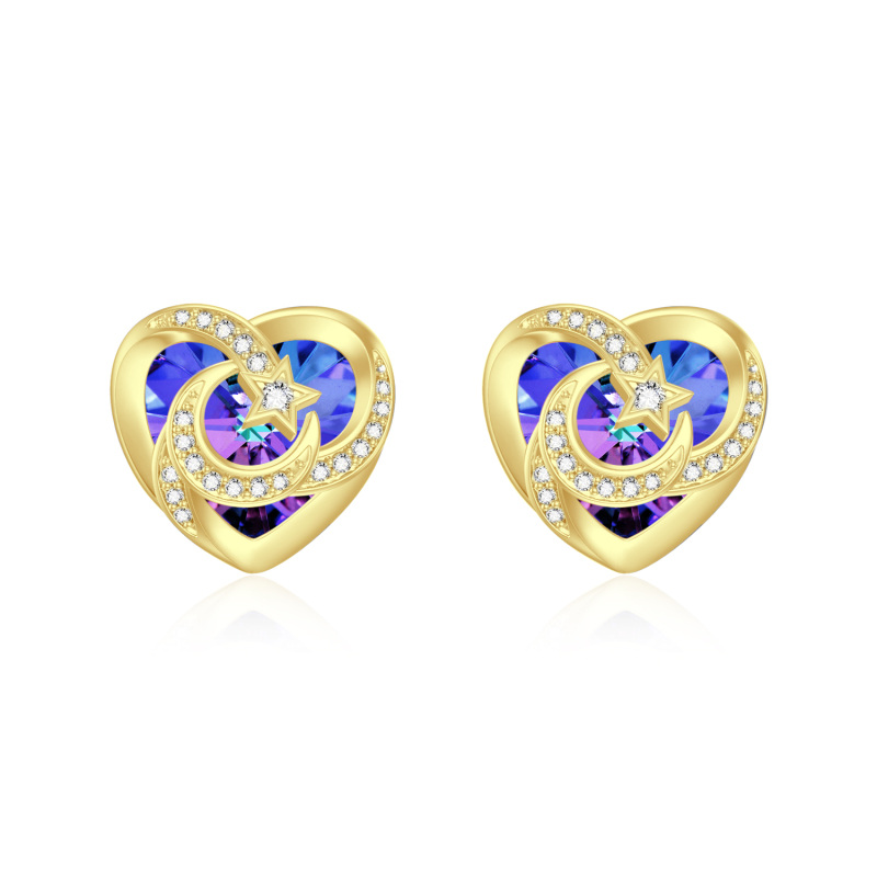 10K Gold Crystal Heart & Moon & Star Stud Earrings for Women-7