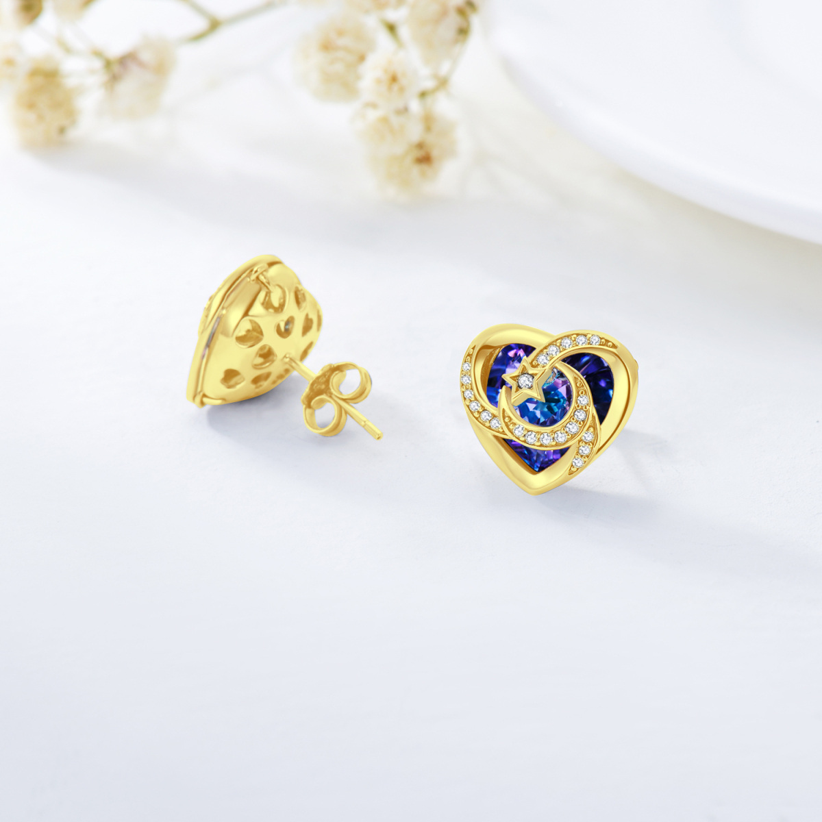 10K Gold Crystal Heart & Moon & Star Stud Earrings for Women-3