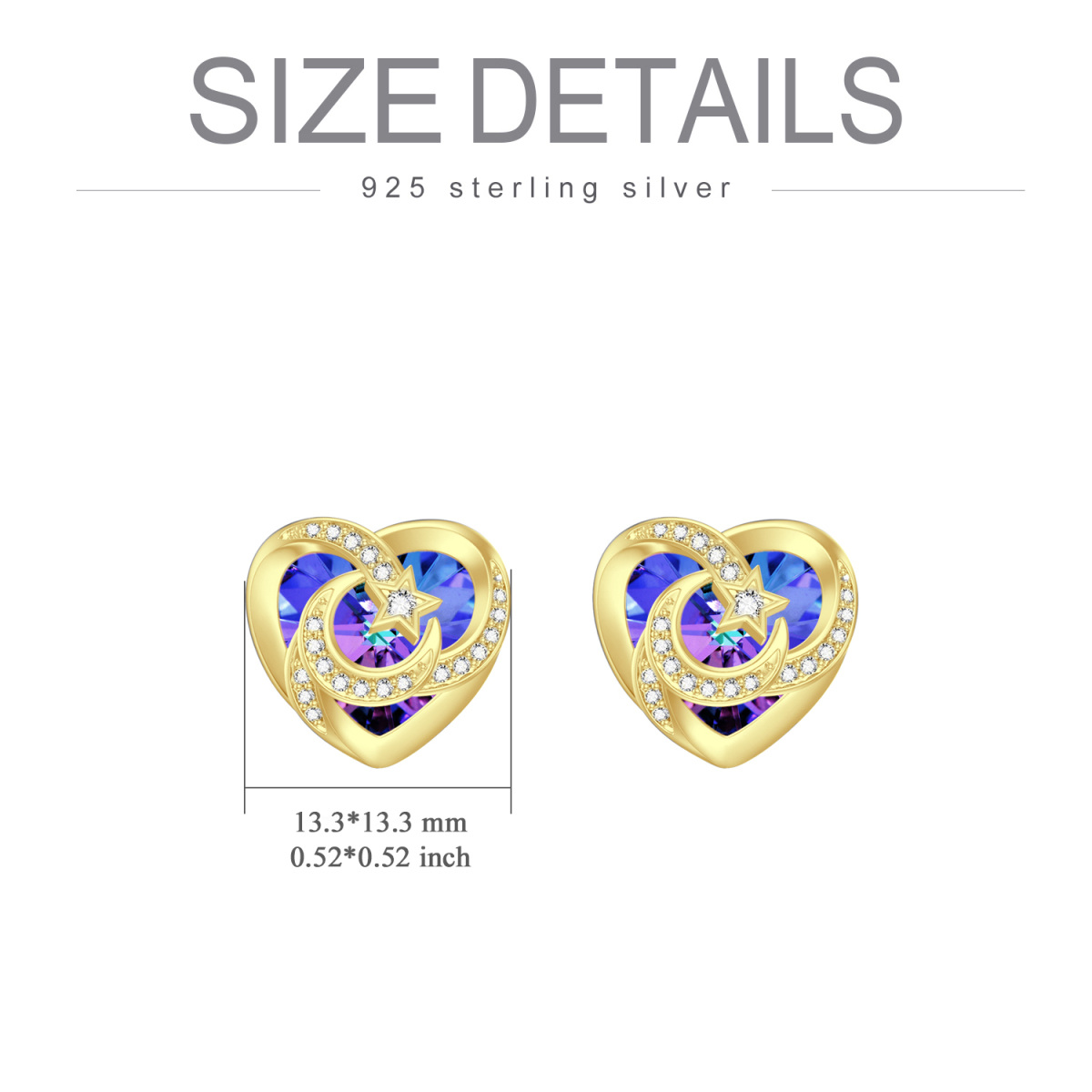 10K Gold Crystal Heart & Moon & Star Stud Earrings for Women-4