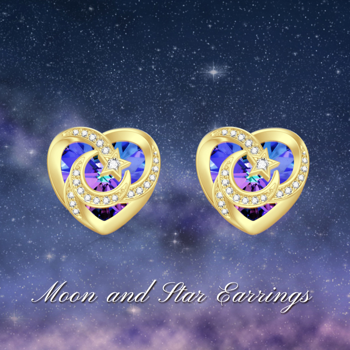 10K Gold Crystal Heart & Moon & Star Stud Earrings for Women-5