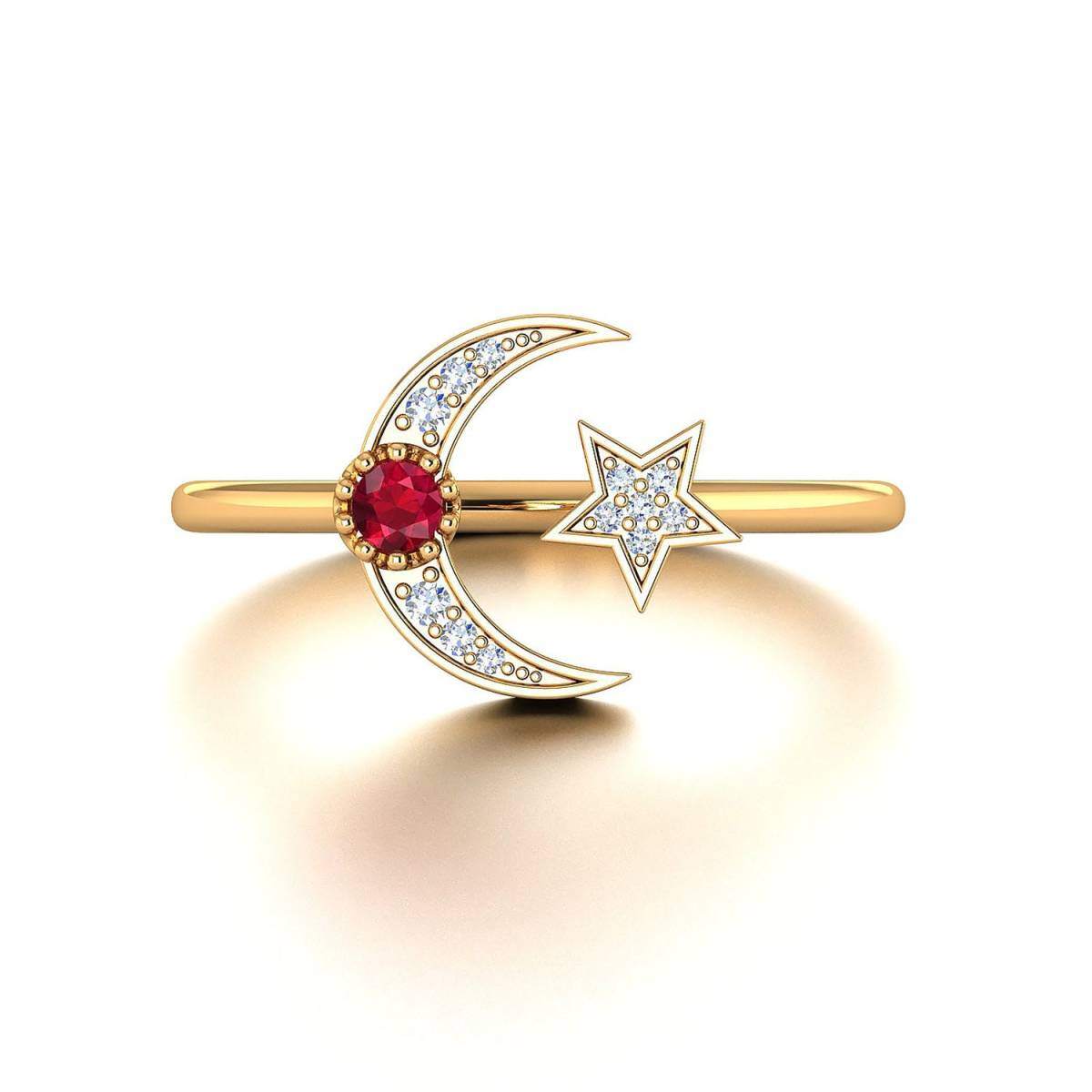 10K Gold Crystal Moon Star Ring for Women-3