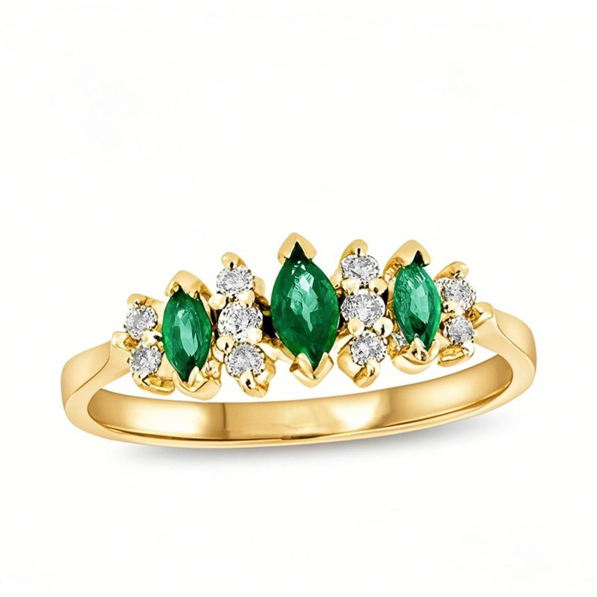 10-karatowe złoto, 1 CT.T.W. Szmaragd w szlifie markizowym, 0,15 CT.T.W. Naturalny diament, obrączka rocznicowa z trzema kamieniami iluzja-1
