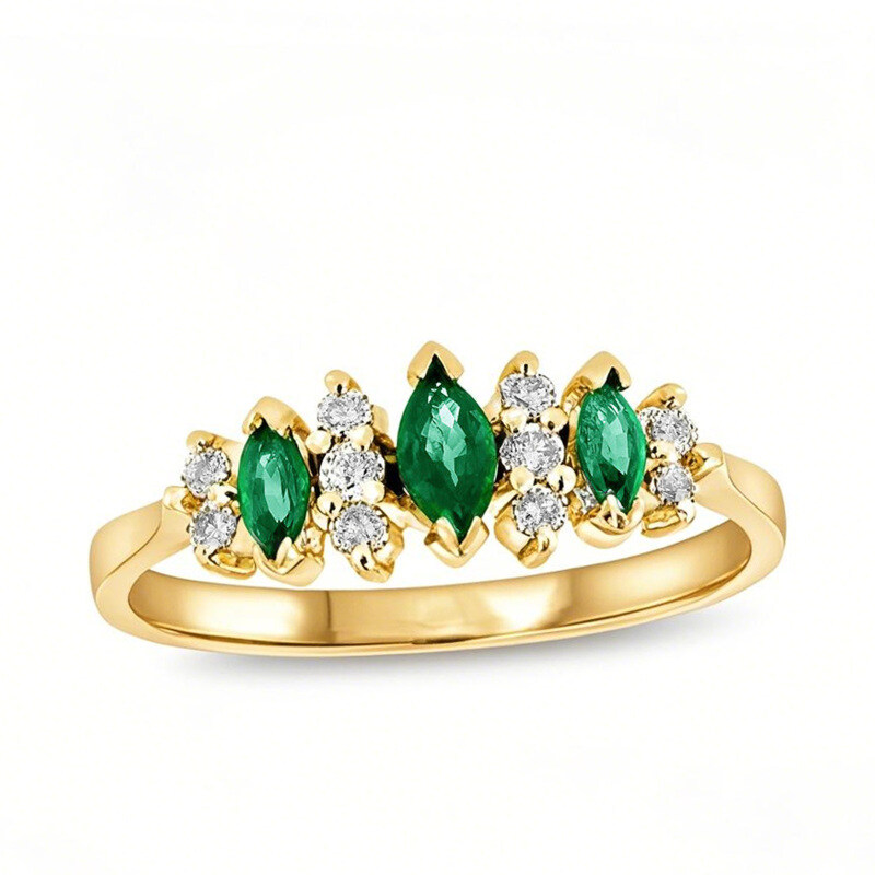 14K Gold 1 CT.T.W. Marquise Cut Emerald & 0.15 CT.T.W. Natural Diamond Three Stone Illusion Anniversary Band-1