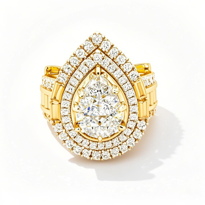 Verlobungsring aus 10-karätigem Gold mit 4 Karat Gesamtgewicht, birnenförmig geschliffenen Diamanten, dreifach gefasst und mehrreihig, Reinheit: D-VVS1 3EX-1