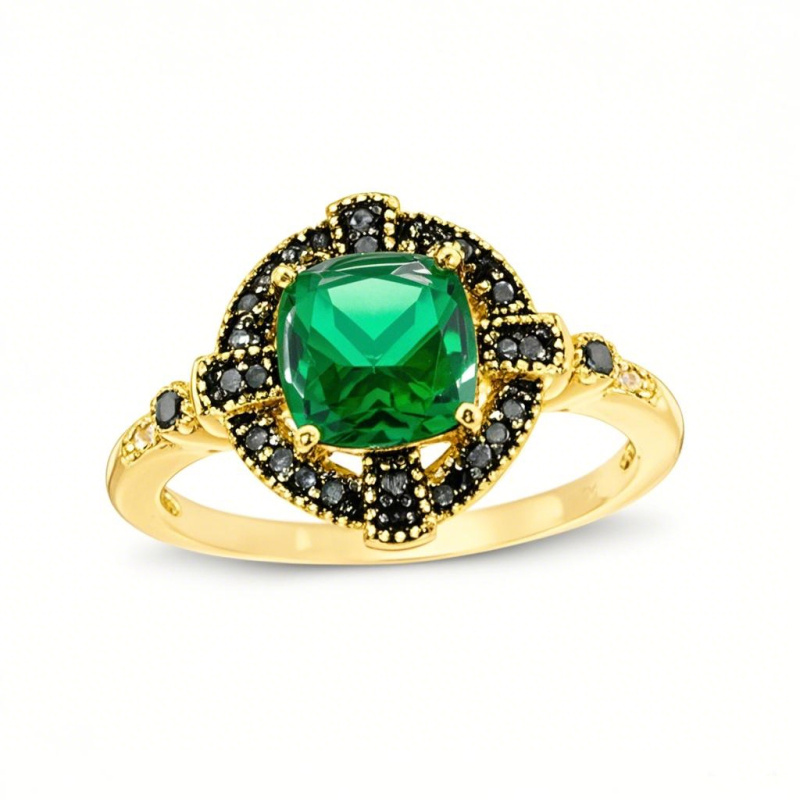 Anillo de compromiso de oro de 10 quilates con esmeralda talla cojín y diamantes blancos y negros de 0,15 quilates en total, con montura en forma de cruz de estilo gótico.-1