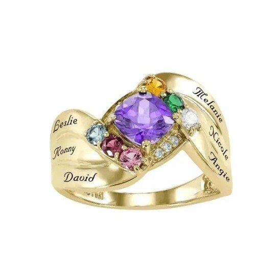 10K Gold Cushion Cut Personalised Birthstone Custom Name Ring For Women