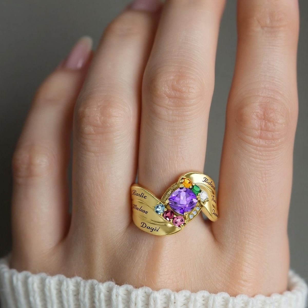 Anillo de oro de 10 quilates con piedra de nacimiento personalizada y nombre para mujer.-2