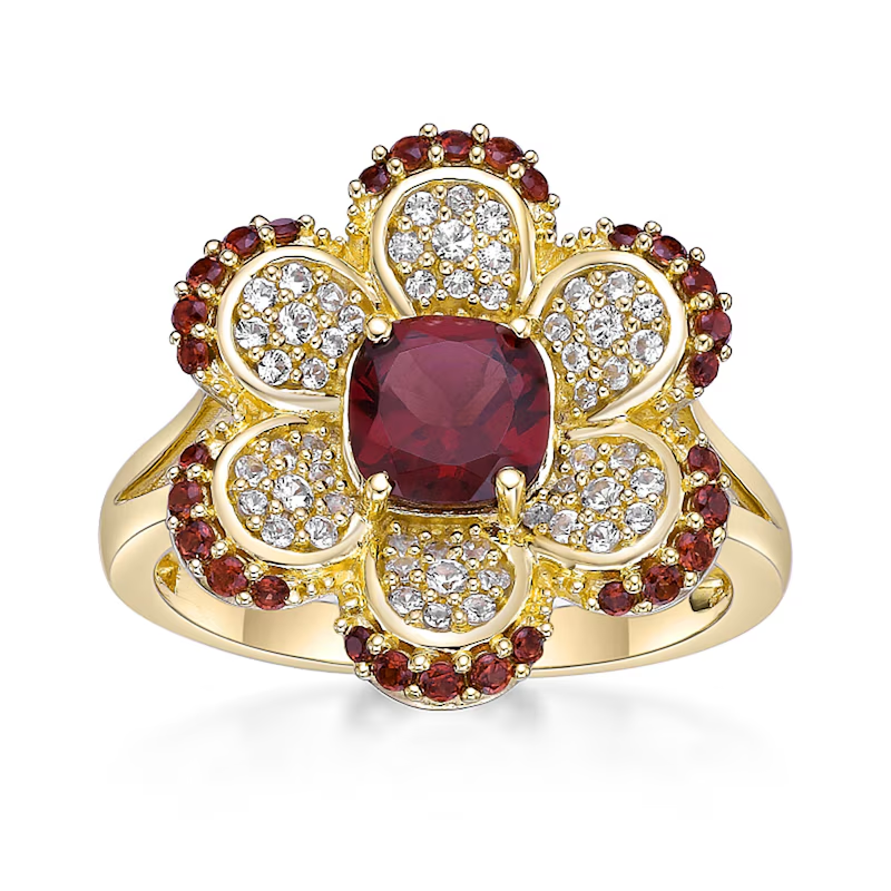 10K Gold Cushion Garnet with Round White Sapphire Flower Split Shank Couple Custom Engraving Band-1