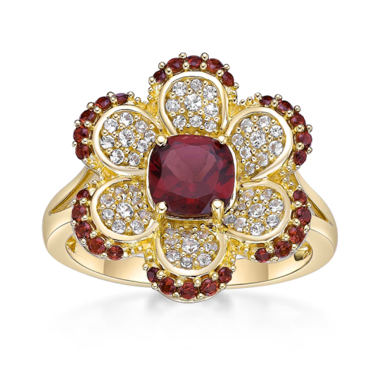 10K Gold Cushion Garnet with Round White Sapphire Flower Split Shank Couple Custom Engraving Band