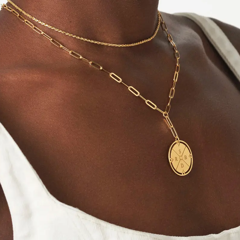 Collier personnalisé en vermeil doré avec chaîne et trombone, boussole initiale, pièce de monnaie, pour femmes et hommes-2