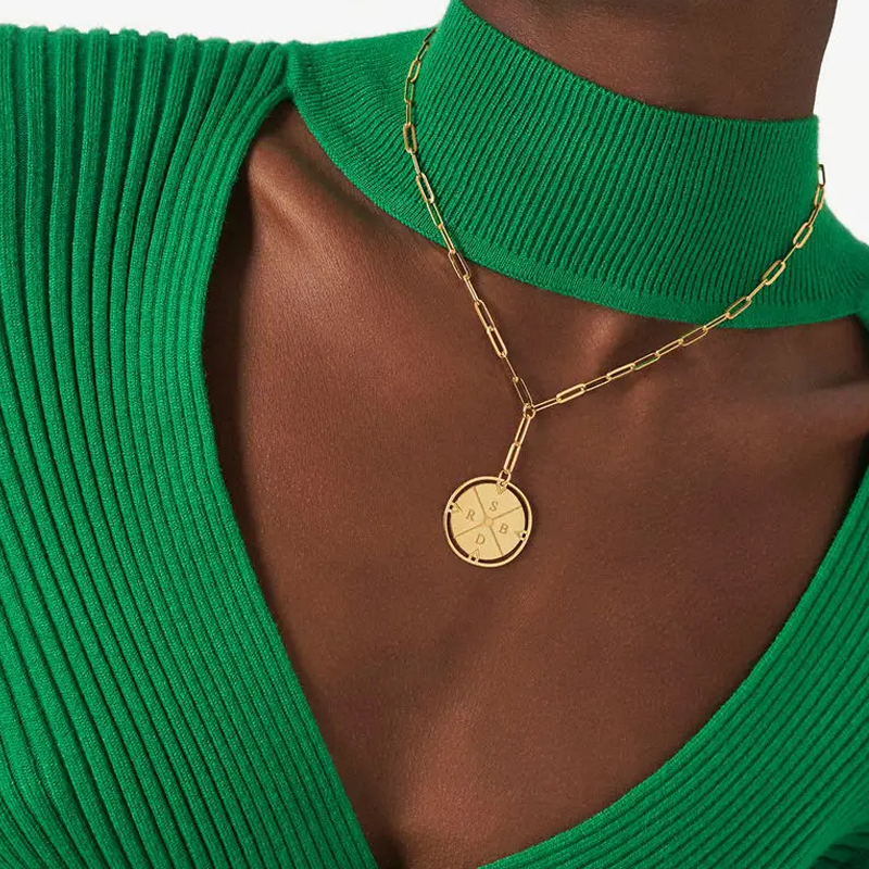 Collier avec pendentif pièce et initiale en or 10 carats, chaîne trombone et boussole, pour femmes et hommes-3