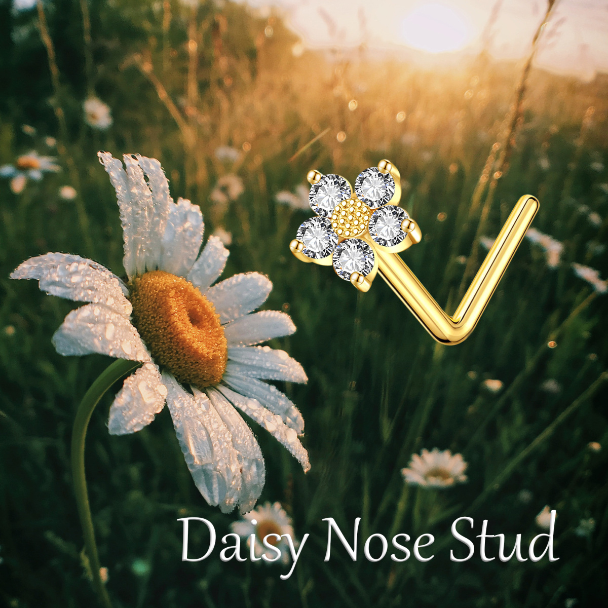 18K Gold Cubic Zirconia Daisy Nose Ring-6