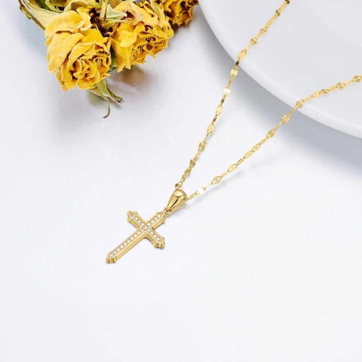 10K Gold Diamond Cross Pendant Necklace-3