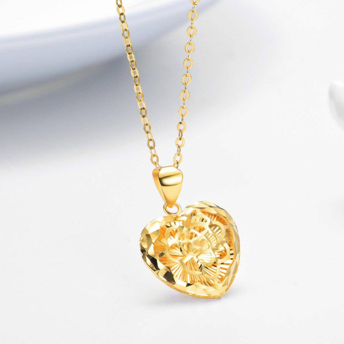 14K Gold Diamond Cut Heart Filigree Pendant Necklace-4