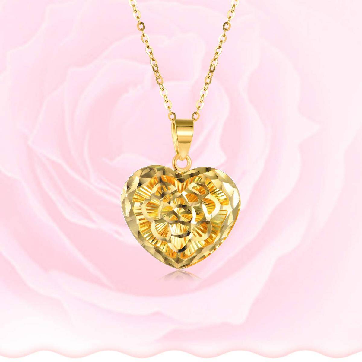 18K Gold Diamond Cut Heart Filigree Pendant Necklace-5