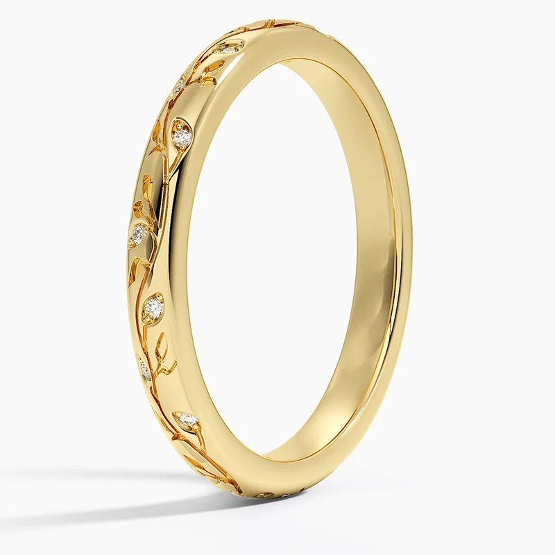 Anello nuziale con incisione personalizzata in oro 14K e diamanti per donna-3