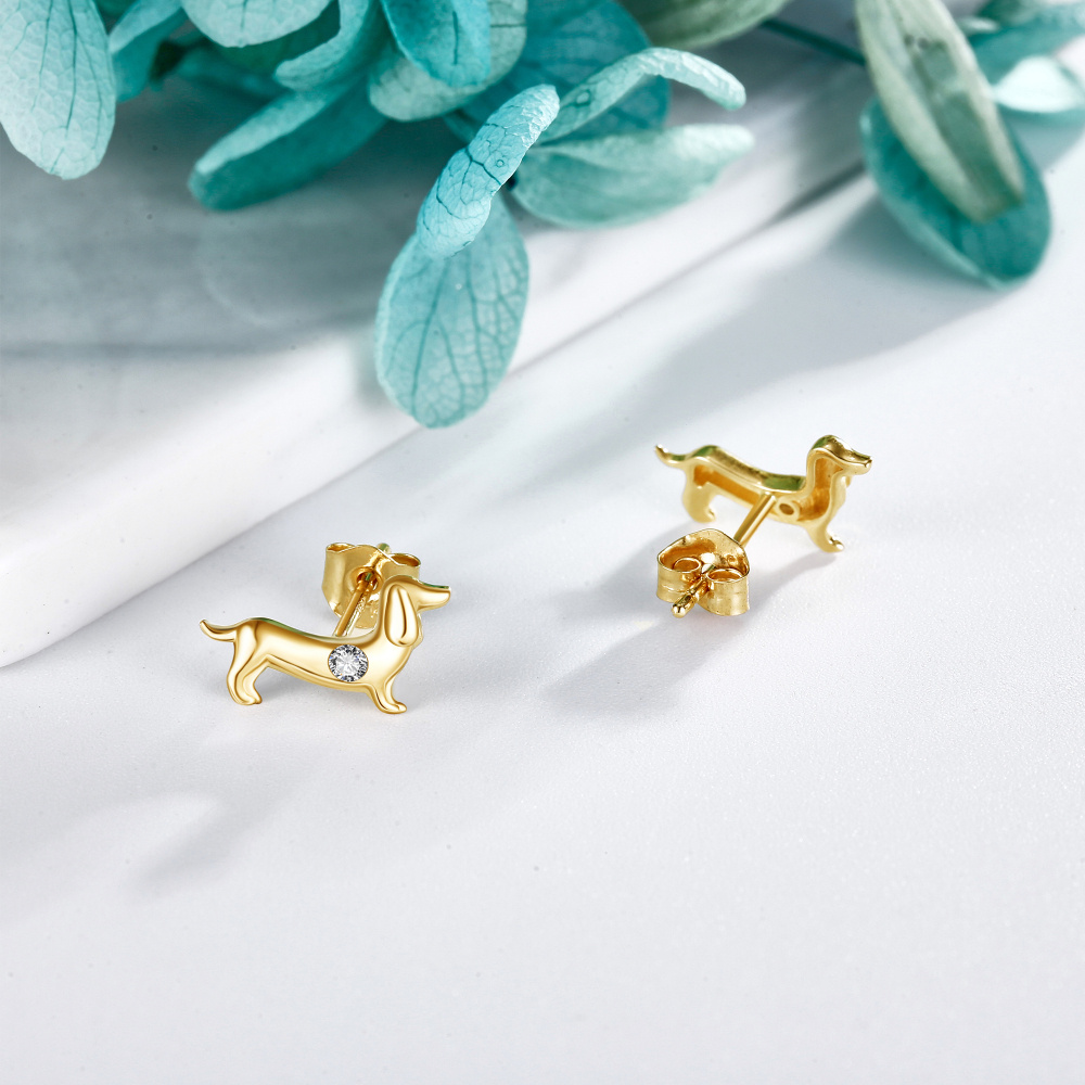 10K Gold Cubic Zirconia Dog Stud Earrings-3